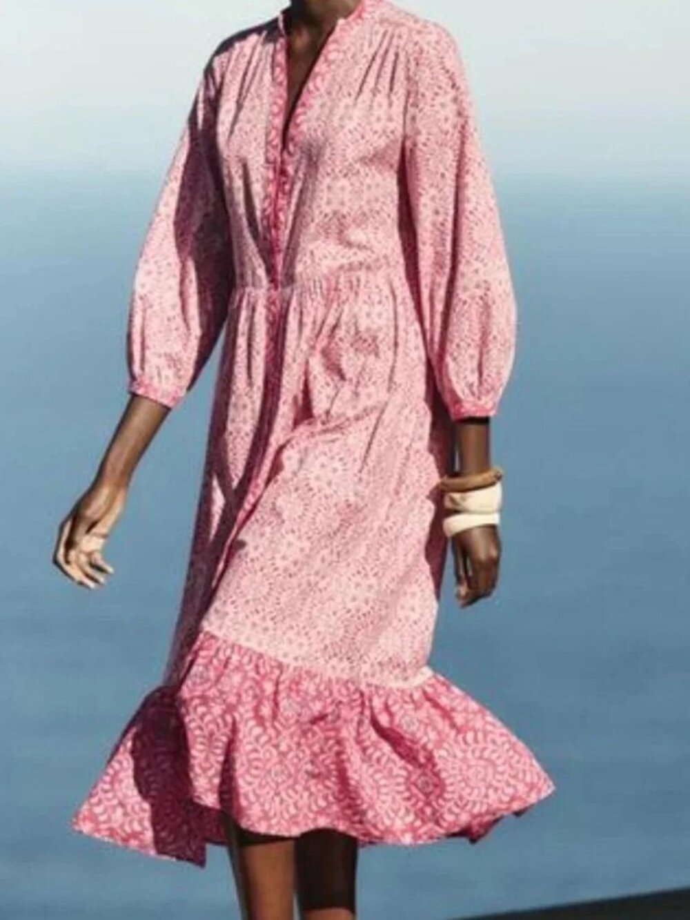 Zara Women Printed Cotton Midi Dress Geometric Floral Pink Combo Size L NWT